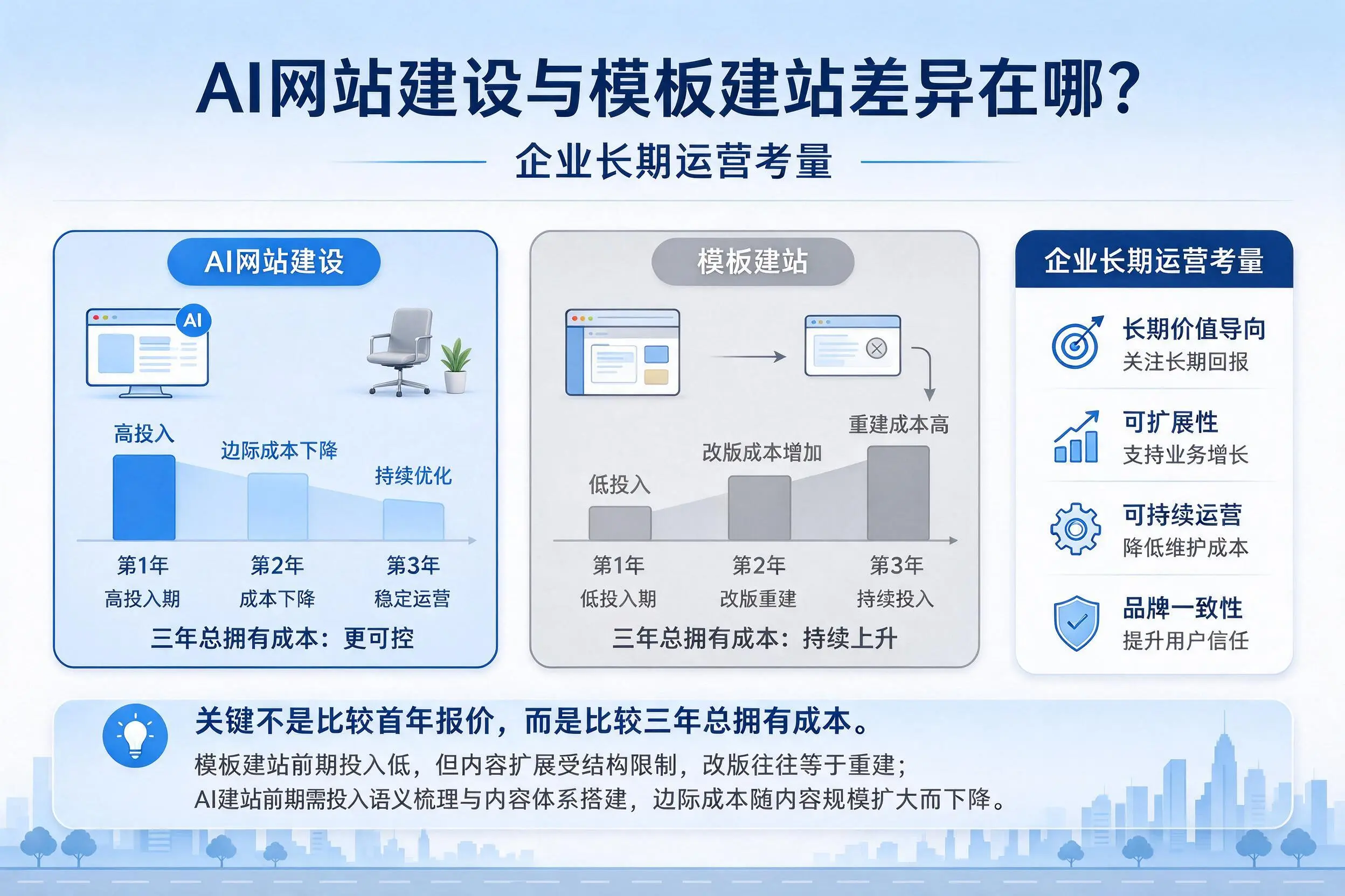 AI网站建设与模板建站差异在哪？六盘水企业长期运营考量