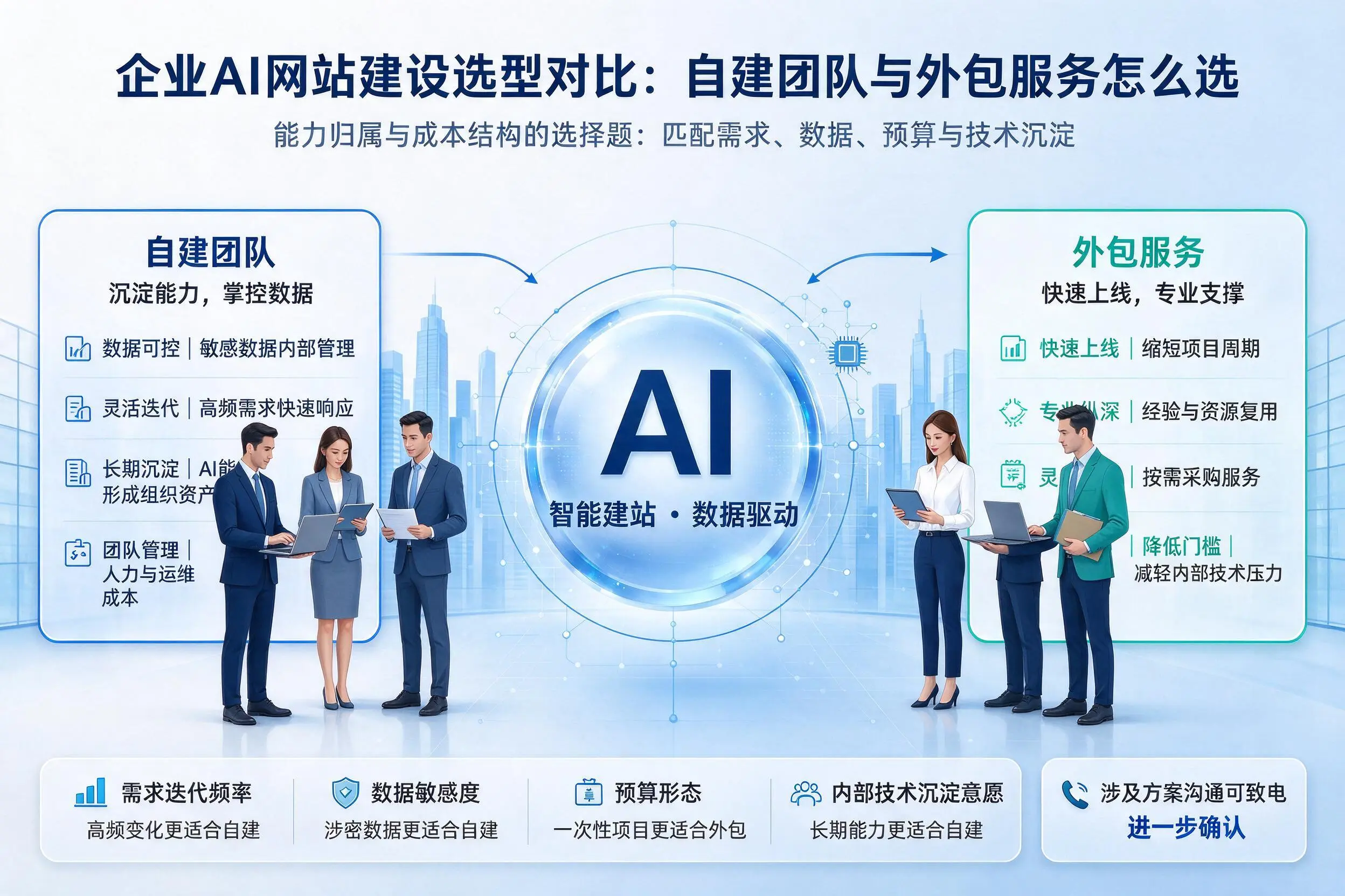 六盘水企业AI网站建设选型对比:自建团队与外包服务怎么选